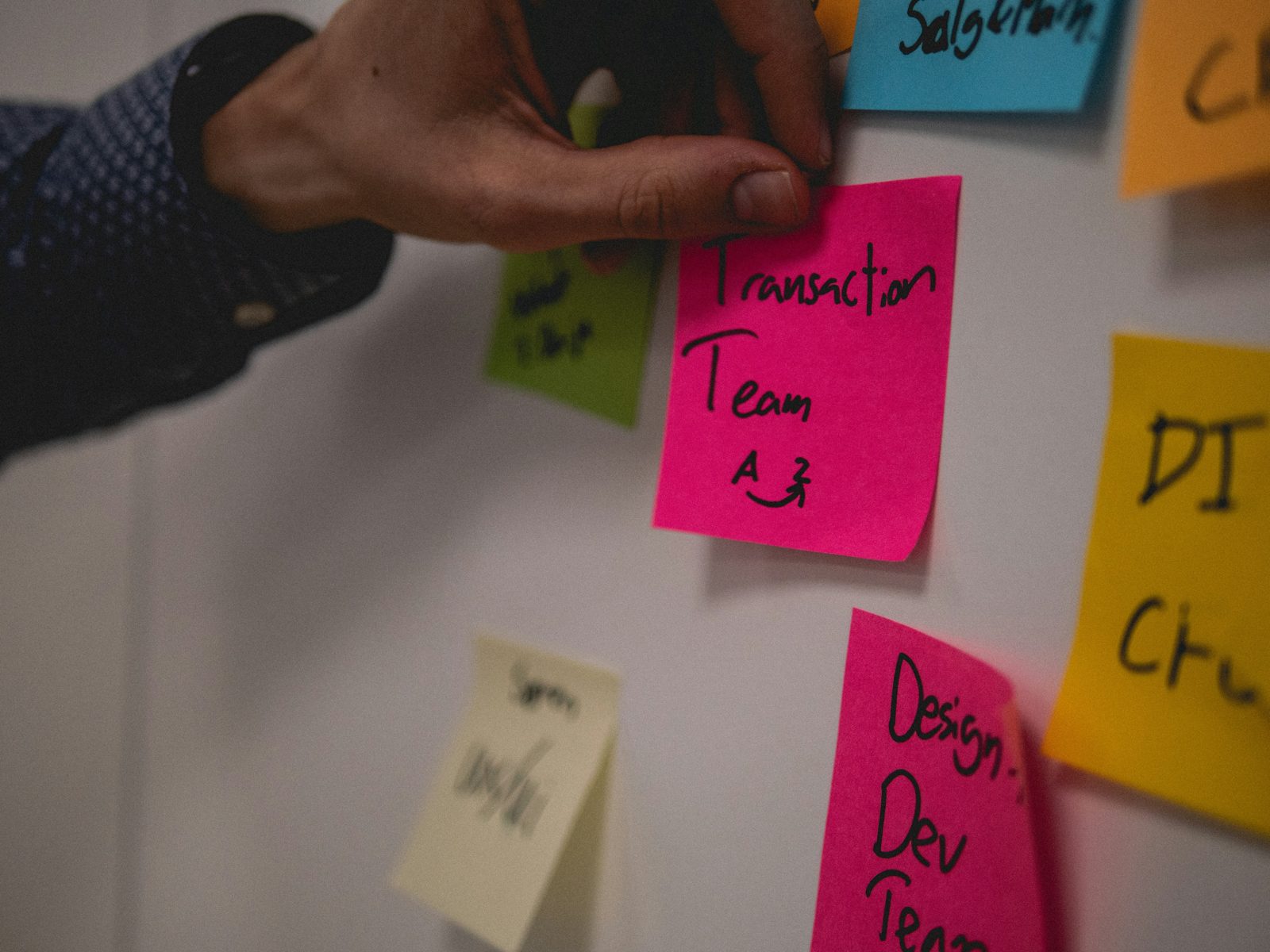 A hand placing a sticky note on a workshop wall.